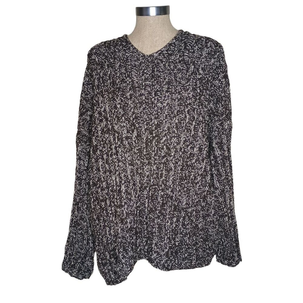DKNY Classic Chunky Cable Knit Sweater Womens L Brown White V Neck